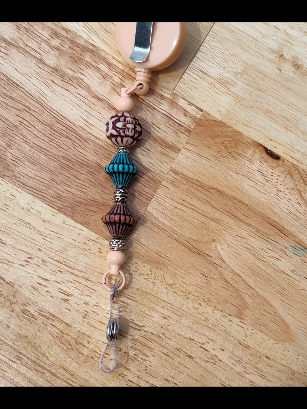 Southwestern Style Beaded Retractable Badge Reel in Peach, Turquoise & Brown